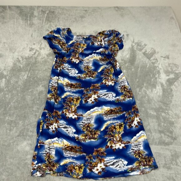 Hawaiian Blue Tropical Print Rayon Dress L Made In Hawaii 6485 - Picture 1 of 8